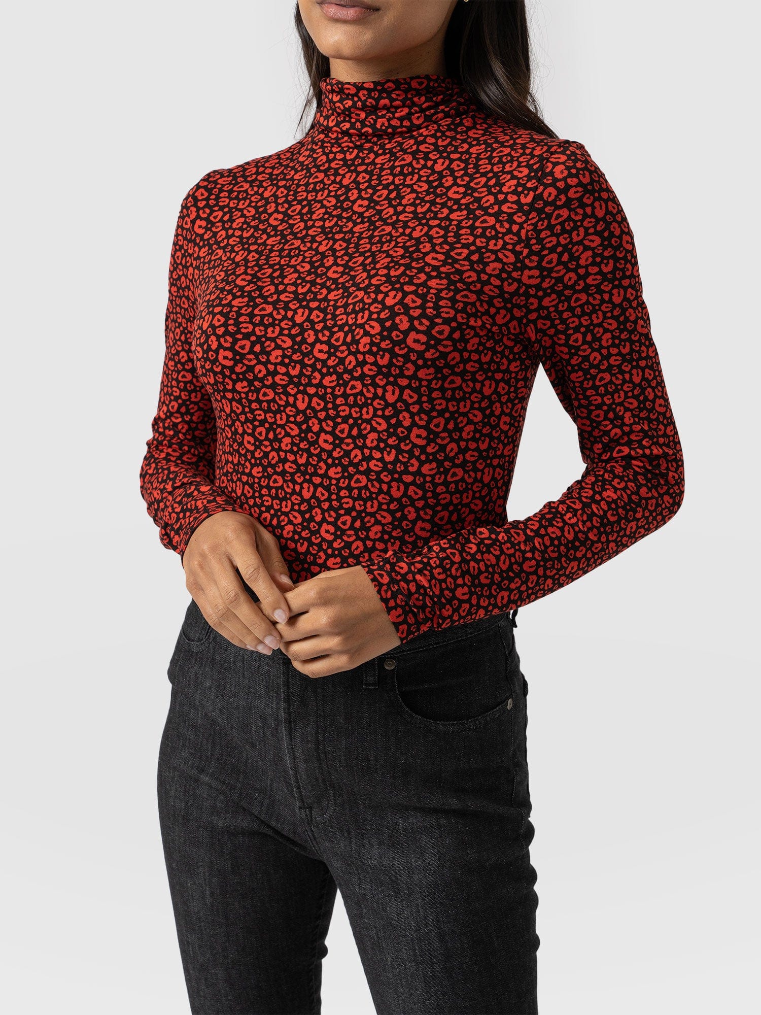 Tempest Roll Neck Top - Red Leopard